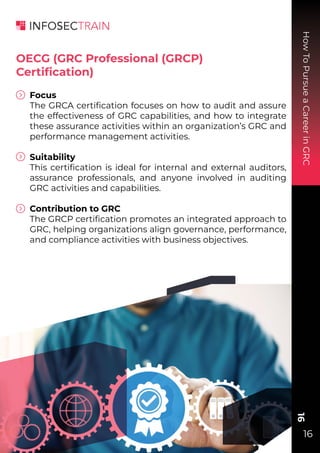 How
To
Pursue
a
Career
in
GRC
16
16
OECG (GRC Professional (GRCP)
Certiﬁcation)
Focus
The GRCA certiﬁcation focuses on how to audit and assure
the effectiveness of GRC capabilities, and how to integrate
these assurance activities within an organization’s GRC and
performance management activities.
Suitability
This certiﬁcation is ideal for internal and external auditors,
assurance professionals, and anyone involved in auditing
GRC activities and capabilities.
Contribution to GRC
The GRCP certiﬁcation promotes an integrated approach to
GRC, helping organizations align governance, performance,
and compliance activities with business objectives.
 