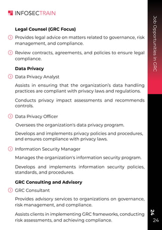 Job
Opportunities
in
GRC
24
24
Legal Counsel (GRC Focus)
Provides legal advice on matters related to governance, risk
management, and compliance.
Review contracts, agreements, and policies to ensure legal
compliance.
Data Privacy
Data Privacy Analyst
Assists in ensuring that the organization’s data handling
practices are compliant with privacy laws and regulations.
Conducts privacy impact assessments and recommends
controls.
Data Privacy Ofﬁcer
Oversees the organization's data privacy program.
Develops and implements privacy policies and procedures,
and ensures compliance with privacy laws.
Information Security Manager
Manages the organization's information security program.
Develops and implements information security policies,
standards, and procedures.
GRC Consulting and Advisory
GRC Consultant
Provides advisory services to organizations on governance,
risk management, and compliance.
Assists clients in implementing GRC frameworks, conducting
risk assessments, and achieving compliance.
 