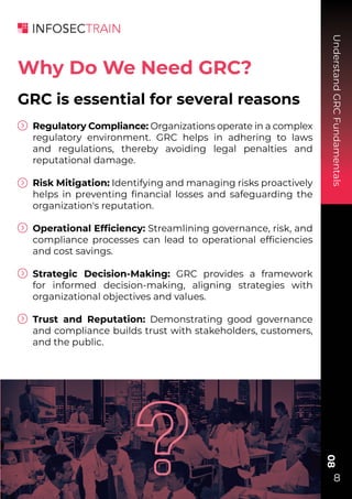 Regulatory Compliance: Organizations operate in a complex
regulatory environment. GRC helps in adhering to laws
and regulations, thereby avoiding legal penalties and
reputational damage.
Risk Mitigation: Identifying and managing risks proactively
helps in preventing ﬁnancial losses and safeguarding the
organization's reputation.
Operational Efﬁciency: Streamlining governance, risk, and
compliance processes can lead to operational efﬁciencies
and cost savings.
Strategic Decision-Making: GRC provides a framework
for informed decision-making, aligning strategies with
organizational objectives and values.
Trust and Reputation: Demonstrating good governance
and compliance builds trust with stakeholders, customers,
and the public.
Understand
GRC
Fundamentals
08
8
Why Do We Need GRC?
GRC is essential for several reasons
 