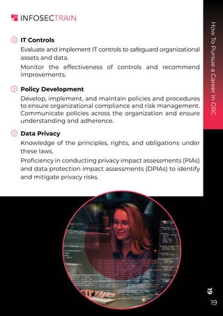 How
To
Pursue
a
Career
in
GRC
19
19
IT Controls
Evaluate and implement IT controls to safeguard organizational
assets and data.
Monitor the effectiveness of controls and recommend
improvements.
Policy Development
Develop, implement, and maintain policies and procedures
to ensure organizational compliance and risk management.
Communicate policies across the organization and ensure
understanding and adherence.
Data Privacy
Knowledge of the principles, rights, and obligations under
these laws.
Proﬁciency in conducting privacy impact assessments (PIAs)
and data protection impact assessments (DPIAs) to identify
and mitigate privacy risks.
 