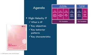3© ITSM Academy unless otherwise stated 3© ITSM Academy unless otherwise stated
Agenda
 High-Velocity IT
What is it?
Key objectives
Key behavior
patterns
Key characteristics
 