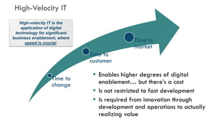 9© ITSM Academy unless otherwise stated
High-Velocity IT
 Enables higher degrees of digital
enablement… but there’s a cost
 Is not restricted to fast development
 Is required from innovation through
development and operations to actually
realizing value
High-velocity IT is the
application of digital
technology for significant
business enablement, where
speed is crucial.
Time to
change
Time to
customer
Time to
market
 