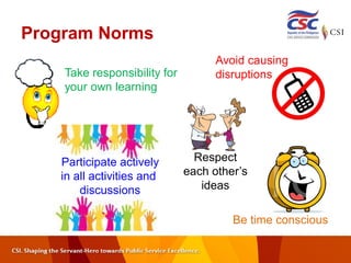 Program Norms
Take responsibility for
your own learning
Participate actively
in all activities and
discussions
Avoid causing
disruptions
Be time conscious
Respect
each other’s
ideas
 