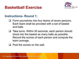 Basketball Exercise
Instructions- Round 1:
 Form yourselves into four teams of seven persons.
Each team shall be provided with a set of basket
and balls
 Take turns. Within 30 seconds, each person should
shoot into the basket as many balls as possible.
Record the scores of each person and compute the
team average.
 Post the scores on the wall.
 