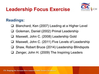 Leadership Focus Exercise
Readings:
 Blanchard, Ken (2007) Leading at a Higher Level
 Goleman, Daniel (2002) Primal Leadership
 Maxwell, John C. (2008) Leadership Gold
 Maxwell, John C. (2011) Five Levels of Leadership
 Shaw, Robert Bruce (2014) Leadership Blindspots
 Zenger, John H. (2009) The Inspiring Leaders
 