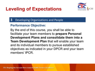 Leveling of Expectations
3 Developing Organizations and People
Performance Objective:
By the end of this course, you shall be able to
facilitate your team members to prepare Personal
Development Plans and consolidate them into a
Team Development Plan that will enable your team
and its individual members to pursue established
objectives as indicated in your DPCR and your team
members’ IPCR.
 