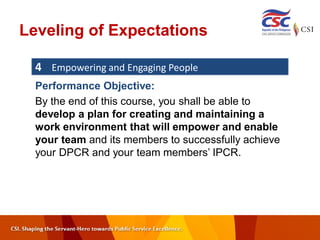 Leveling of Expectations
4 Empowering and Engaging People
Performance Objective:
By the end of this course, you shall be able to
develop a plan for creating and maintaining a
work environment that will empower and enable
your team and its members to successfully achieve
your DPCR and your team members’ IPCR.
 