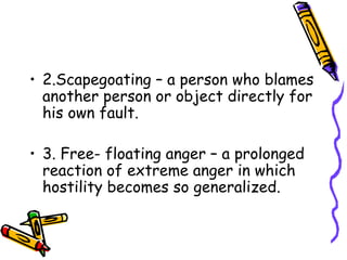 2.Scapegoating – a person who blames another person or object directly for his own fault. 3. Free- floating anger – a prolonged reaction of extreme anger in which hostility becomes so generalized. 