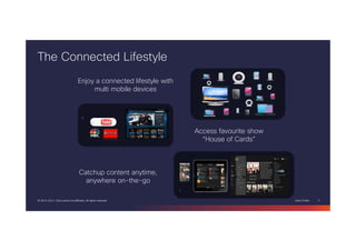 Cisco Public 3© 2013-2014 Cisco and/or its affiliates. All rights reserved.
The Connected Lifestyle
Access favourite show
“House of Cards”
Enjoy a connected lifestyle with
multi mobile devices
Catchup content anytime,
anywhere on-the-go
 