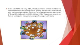 In the late 1970s and early 1980s, shared governance formally found its way
into the healthcare and nursing arenas, growing out of nurses’ dissatisfaction
with the institutions in which they practiced (O’May and Buchan 1999; Porter-
O’Grady 1995; McDonagh et al 1989; Cleland 1978). They started to use it as a
form of participative management, using self-managed work teams.
 