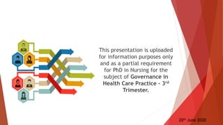 This presentation is uploaded
for information purposes only
and as a partial requirement
for PhD in Nursing for the
subject of Governance in
Health Care Practice - 3rd
Trimester.
20th June 2020
 