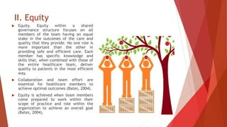 II. Equity
 Equity. Equity within a shared
governance structure focuses on all
members of the team having an equal
stake in the outcomes of the care and
quality that they provide. No one role is
more important than the other in
providing safe and efficient care. Each
member has specific knowledge and
skills that, when combined with those of
the entire healthcare team, deliver
quality to patients in the most efficient
way.
 Collaboration and team effort are
essential for healthcare members to
achieve optimal outcomes (Bates, 2004).
 Equity is achieved when team members
come prepared to work within their
scope of practice and role within the
organization to achieve an overall goal
(Bates, 2004).
 