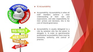  IV. Accountability
 Accountability. Accountability is when all
staff members achieve a clear
understanding of their role and
expectations, and take responsibility for
their actions and decisions; this is the
core of shared governance.
 Accountability is usually delegated to a
role by someone who has the power to
delegate it. In order to operationalize
professional accountability there must be
autonomy, authority, and control of
practice.
 