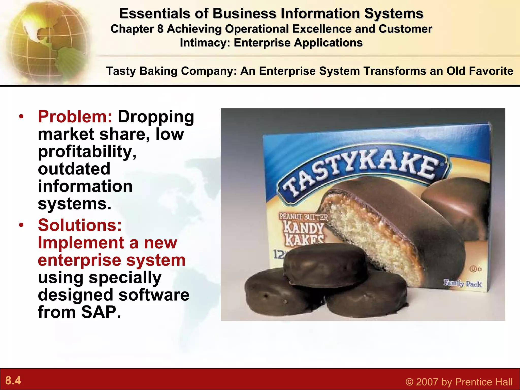 Problem:  Dropping market share, low profitability, outdated information systems. Solutions: Implement a new enterprise system  using specially designed software from SAP. Tasty Baking Company: An Enterprise System Transforms an Old Favorite Essentials of Business Information Systems Chapter 8 Achieving Operational Excellence and Customer Intimacy: Enterprise Applications 