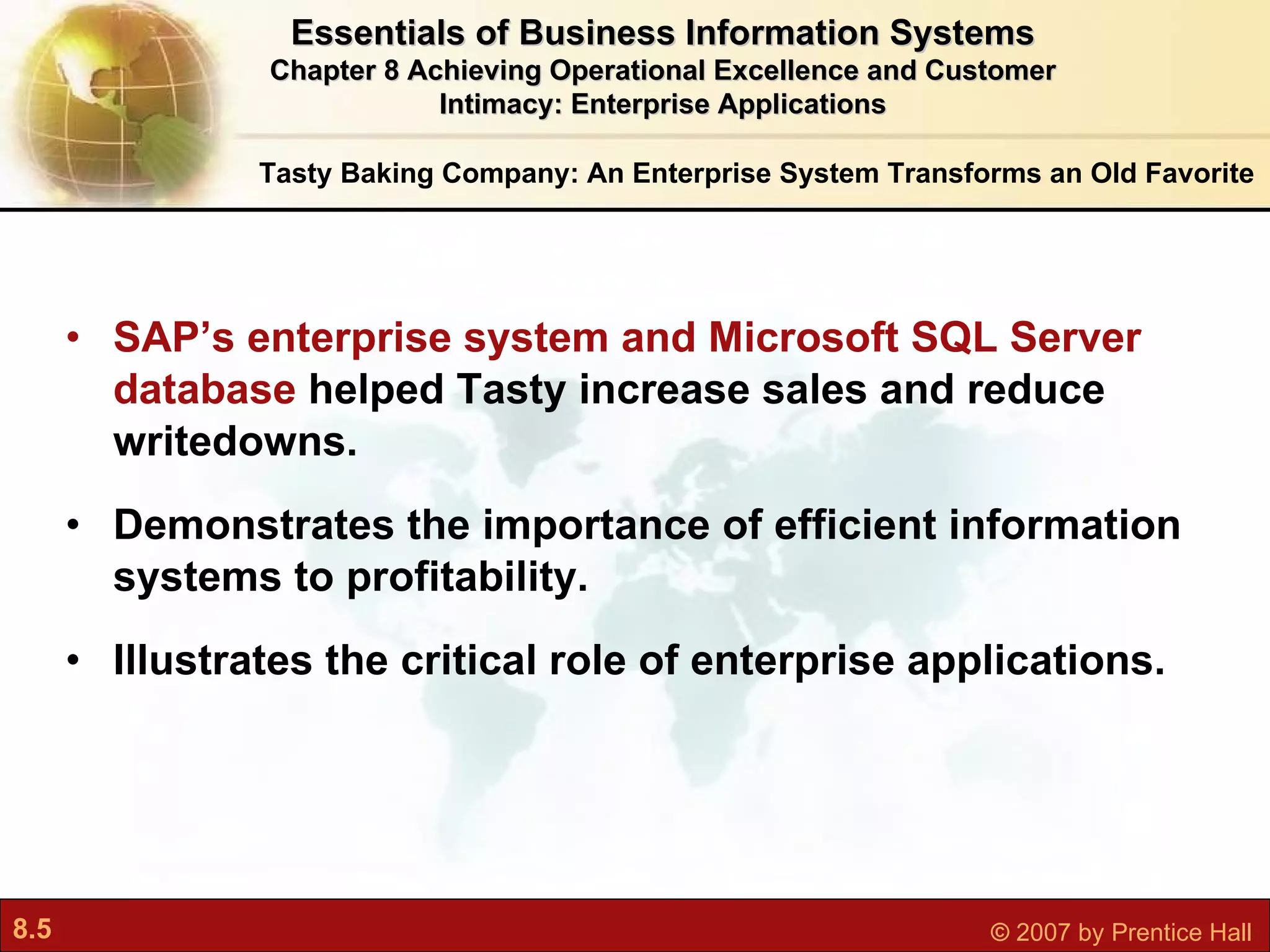 SAP’s enterprise system and Microsoft SQL Server database  helped Tasty increase sales and reduce writedowns. Demonstrates the importance of efficient information systems to profitability. Illustrates the critical role of enterprise applications. Tasty Baking Company: An Enterprise System Transforms an Old Favorite Essentials of Business Information Systems Chapter 8 Achieving Operational Excellence and Customer Intimacy: Enterprise Applications 