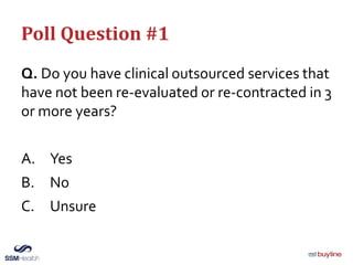 Poll Question #1
Q. Do you have clinical outsourced services that
have not been re-evaluated or re-contracted in 3
or more years?
A. Yes
B. No
C. Unsure
 