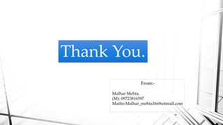 Thank You.
18
From:-
Malhar Mehta.
(M): 09723816597
Mailto:Malhar_mehta16@hotmail.com
 