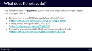 We perform internal research to address the challenges of future OSLC-based
mashup applications:
● Running queries on OSLC data with Spark GraphFrames
(https://github.com/koneksys/SPARQL_to_GraphFrames )
● Configuration management of OSLC data
(https://github.com/koneksys/Git4RDF )
● Managing information in the blockchain using smart contracts
(https://github.com/koneksys/Blockchain4LinkedData )
What does Koneksys do?
35
 