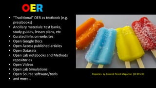 • “Traditional” OER as textbook (e.g.
pressbooks)
• Ancillary materials: test banks,
study guides, lesson plans, etc
• Curated links on websites
• Open Google Docs
• Open Access published articles
• Open Datasets
• Open Lab notebooks and Methods
repositories
• Open Videos
• Open Lab Simulations
• Open Source software/tools
• and more…
Popsicles by Colored Pencil Magazine [CC BY 2.0]
OER
 