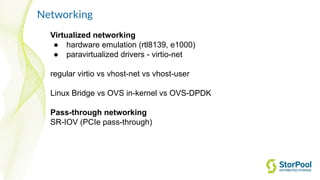 Networking
Virtualized networking
● hardware emulation (rtl8139, e1000)
● paravirtualized drivers - virtio-net
regular virtio vs vhost-net vs vhost-user
Linux Bridge vs OVS in-kernel vs OVS-DPDK
Pass-through networking
SR-IOV (PCIe pass-through)
 