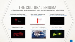 7
THE CULTURAL ENIGMA
8
https://www.youtube.com/watch?v=zlA9tXYxD8g
https://www.youtube.com/watch?v=1UvPZ8fD4B8
https://youtu.be/nDjf5w9ZecA https://www.youtube.com/watch?v=F82W3tKtr8c
https://www.youtube.com/watch?v=NjB5LYTXgto https://youtu.be/scWpXEYZEGk
 