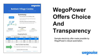 WegoPower
Offers Choice
And
Transparency
Sample electricity offer made possible by
WegoPower’s robust automation.
 