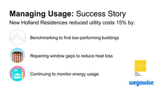 Managing Usage: Success Story
New Holland Residences reduced utility costs 15% by:
Benchmarking to find low-performing buildings
Repairing window gaps to reduce heat loss
Continuing to monitor energy usage
 