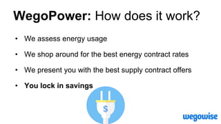 WegoPower: How does it work?
• We assess energy usage
• We shop around for the best energy contract rates
• We present you with the best supply contract offers
• You lock in savings
 