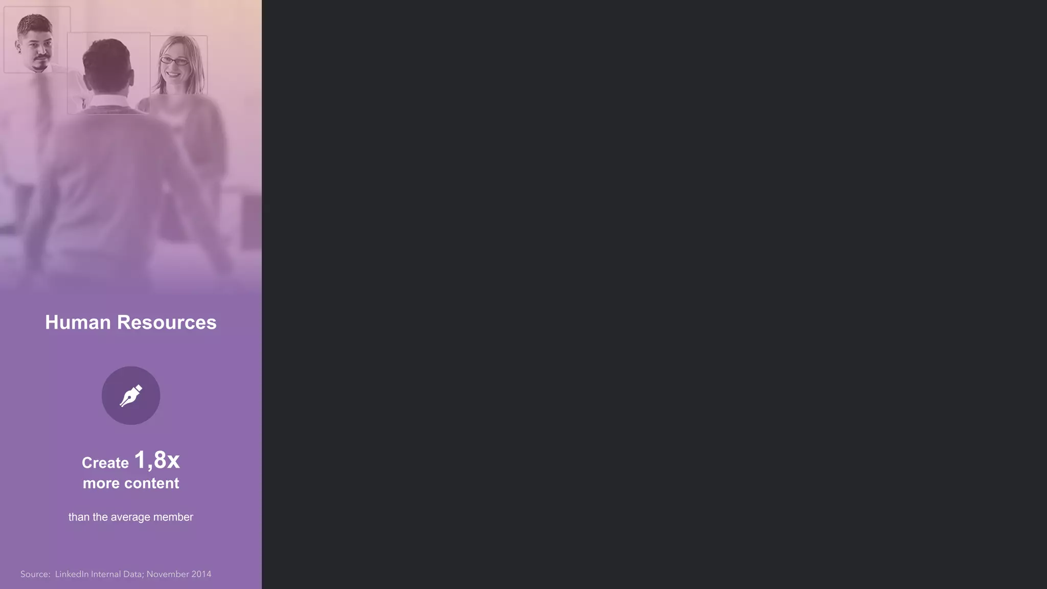 Human Resources
Create 1,8x
more content
than the average member
Sales Professionals
30%
more active on Mobile
than the average member
Marketers
2,5x more likely to
follow an Influencer
than the average member
IT Pros
4x
more connected
than the average member
Source: LinkedIn Internal Data; November 2014
 