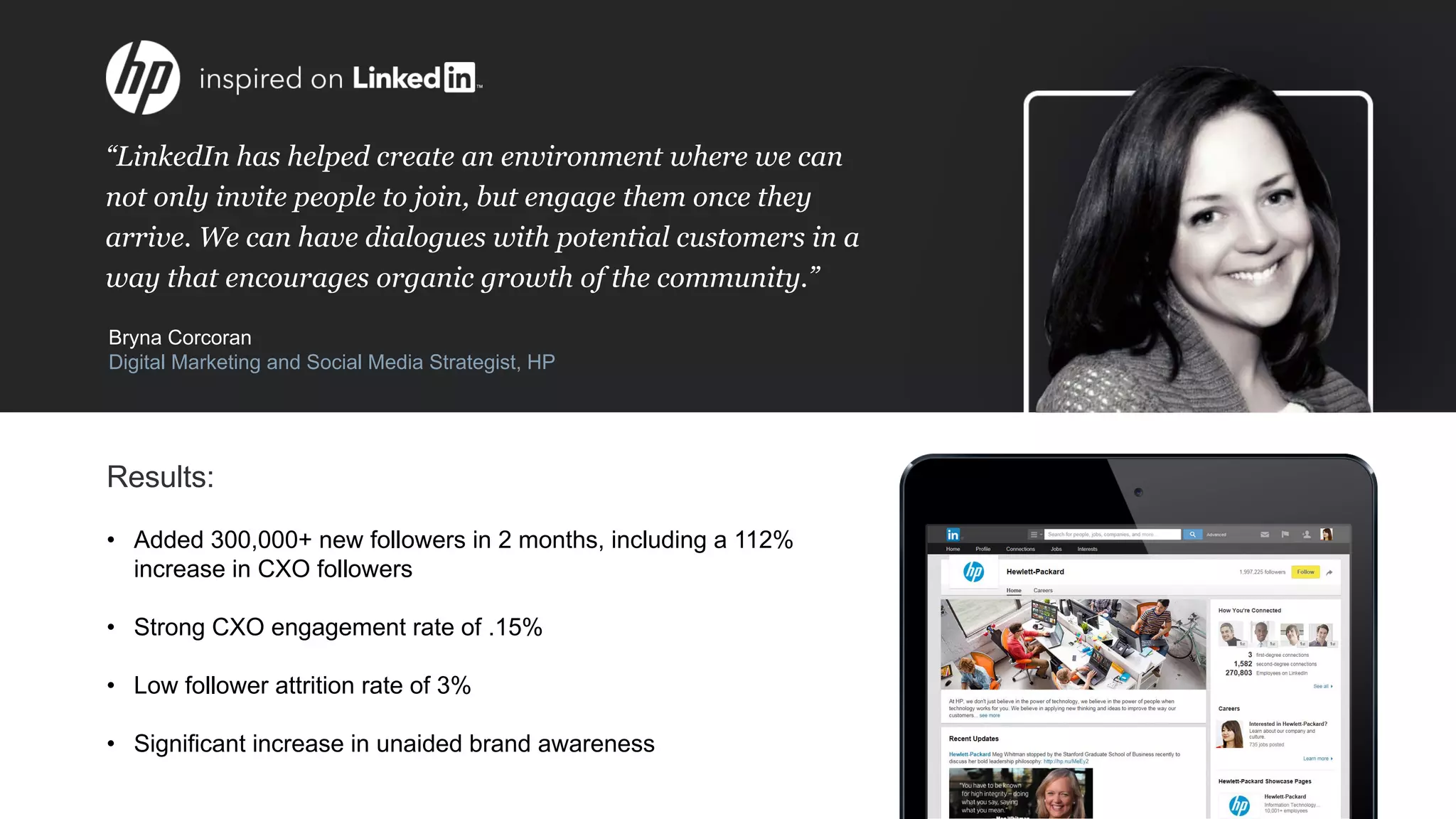 “LinkedIn has helped create an environment where we can
not only invite people to join, but engage them once they
arrive. We can have dialogues with potential customers in a
way that encourages organic growth of the community.”
Bryna Corcoran
Digital Marketing and Social Media Strategist, HP
• Added 300,000+ new followers in 2 months, including a 112%
increase in CXO followers
• Strong CXO engagement rate of .15%
• Low follower attrition rate of 3%
• Significant increase in unaided brand awareness
Results:
 