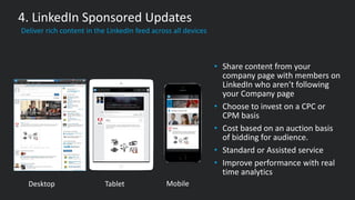 ​Deliver rich content in the LinkedIn feed across all devices
4. LinkedIn Sponsored Updates
• Share content from your
comp...