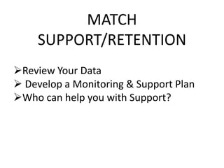 MATCH
SUPPORT/RETENTION
Review Your Data
 Develop a Monitoring & Support Plan
Who can help you with Support?
 