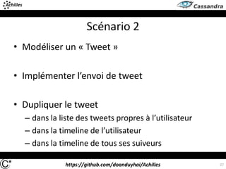 https://github.com/doanduyhai/Achilles
Scénario 2
• Modéliser un « Tweet »
• Implémenter l’envoi de tweet
• Dupliquer le tweet
– dans la liste des tweets propres à l’utilisateur
– dans la timeline de l’utilisateur
– dans la timeline de tous ses suiveurs
27
 
