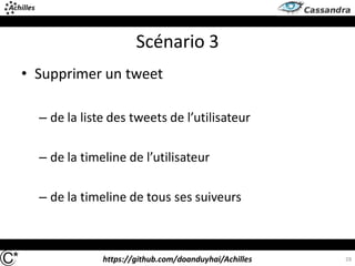 https://github.com/doanduyhai/Achilles
Scénario 3
• Supprimer un tweet
– de la liste des tweets de l’utilisateur
– de la timeline de l’utilisateur
– de la timeline de tous ses suiveurs
28
 