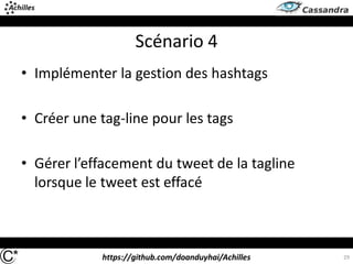 https://github.com/doanduyhai/Achilles
Scénario 4
• Implémenter la gestion des hashtags
• Créer une tag-line pour les tags
• Gérer l’effacement du tweet de la tagline
lorsque le tweet est effacé
29
 