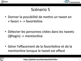 https://github.com/doanduyhai/Achilles
Scénario 5
• Donner la possibilité de mettre un tweet en
« favori » -> favoriteline
• Détecter les personnes citées dans les tweets
(@login) -> mentionline
• Gérer l’effacement de la favoriteline et de la
mentionline lorsque le tweet est effacé
30
 