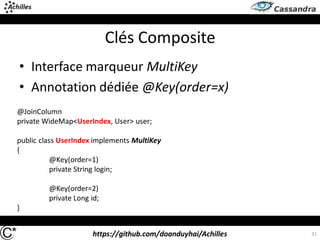 https://github.com/doanduyhai/Achilles
Clés Composite
• Interface marqueur MultiKey
• Annotation dédiée @Key(order=x)
31
@JoinColumn
private WideMap<UserIndex, User> user;
public class UserIndex implements MultiKey
{
@Key(order=1)
private String login;
@Key(order=2)
private Long id;
}
 