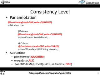 https://github.com/doanduyhai/Achilles
Consistency Level
• Par annotation
32
@Consistency(read=ONE,write=QUORUM)
public class User
@Column
@Consistency(read=ONE,write=QUORUM)
private Counter tweetsCount;
@Column
@Consistency(read=ONE,write=THREE)
private WideMap<UUID,String> tweets;
• Au runtime
– persist(tweet,QUORUM)
– merge(user,ALL)
– tweetWideMap.insert(uuid1, «a tweet», ONE)
 