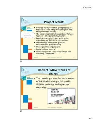 6/10/2021
12
Project results
• Detailed description of 10 good practices in
the field of social integration of migrant and...