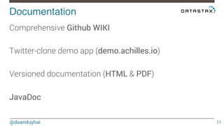 Documentation! 
@doanduyhai 
11 
Comprehensive Github WIKI 
Twitter-clone demo app (demo.achilles.io) 
Versioned documentation (HTML & PDF) 
JavaDoc 
 