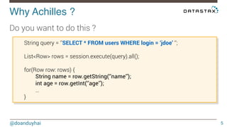 Why Achilles ?! 
@doanduyhai 
5 
Do you want to do this ? 
String query = ‘’SELECT * FROM users WHERE login = ‘jdoe’ ‘’; 
List<Row> rows = session.execute(query).all(); 
for(Row row: rows) { 
String name = row.getString(‘’name’’); 
int age = row.getInt(‘’age’’); 
… 
} 
 