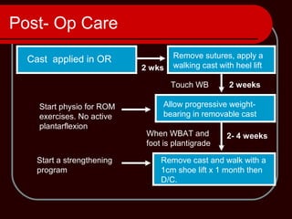 Post- Op Care
Cast applied in OR Remove sutures, apply a
walking cast with heel lift2 wks
Allow progressive weight-
bearing in removable cast
Remove cast and walk with a
1cm shoe lift x 1 month then
D/C.
2 weeks
Start physio for ROM
exercises. No active
plantarflexion
When WBAT and
foot is plantigrade
Start a strengthening
program
2- 4 weeks
Touch WB
 