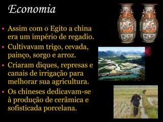 Economia   Assim com o Egito a china era um império de regadio. Cultivavam trigo, cevada, painço, sorgo e arroz. Criaram diques, represas e canais de irrigação para melhorar sua agricultura. Os chineses dedicavam-se à produção de cerâmica e sofisticada porcelana. 