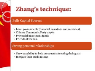 Pulls Capital Sources
• Local governments (financial incentives and subsidies)
• Chinese Communist Party angels
• Provinci...