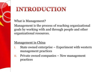 What is Management?
Management is the process of reaching organizational
goals by working with and through people and othe...