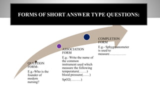 QUESTION
FORM-
E.g.-Who is the
founder of
modern
nursing?
ASSOCIATION
FORM
E.g.: Write the name of
the common
instrument used which
measure the following
temperature(…….)
blood pressure(……)
SpO2(………)
COMPLETION
FORM
E.g.- Sphygmanometer
is used to
measure……………
FORMS OF SHORT ANSWER TYPE QUESTIONS:
 