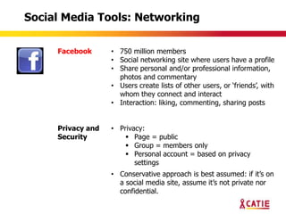 Social Media Tools: Networking

     Facebook      • 750 million members
                   • Social networking site where users have a profile
                   • Share personal and/or professional information,
                     photos and commentary
                   • Users create lists of other users, or „friends‟, with
                     whom they connect and interact
                   • Interaction: liking, commenting, sharing posts


     Privacy and   • Privacy:
     Security           Page = public
                        Group = members only
                        Personal account = based on privacy
                          settings
                   • Conservative approach is best assumed: if it‟s on
                     a social media site, assume it‟s not private nor
                     confidential.
 
