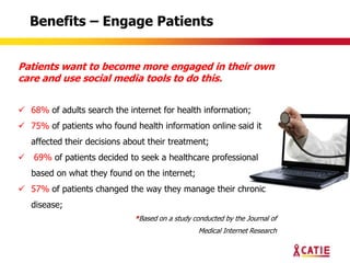 Benefits – Engage Patients


Patients want to become more engaged in their own
care and use social media tools to do this.


 68% of adults search the internet for health information;
 75% of patients who found health information online said it
    affected their decisions about their treatment;
   69% of patients decided to seek a healthcare professional
    based on what they found on the internet;
 57% of patients changed the way they manage their chronic
    disease;
                               *Based on a study conducted by the Journal of
                                                   Medical Internet Research
 