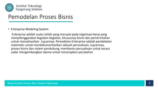 9
Mata Kuliah Umum Teori Sistem Informasi
Pemodelan Proses Bisnis
• Enterprise Modeling System
Enterprise adalah suatu istilah yang merujuk pada organisasi kerja yang
menyelenggarakan kegiatan-kegiatan, khususnya bisnis dan pemerintahan
untuk merealisasikan tujuannya. Pemodelan Enterprise adalah pendekatan
sistematis untuk mendokumentasikan sebuah perusahaan, tujuannya,
proses bisnis dan sistem pendukung, membantu perusahaan untuk secara
sadar mengembangkan skema untuk menerapkan perubahan
 