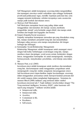 22
Self Management adalah kemampuan seseorang dalam mengendalikan
dan menangani emosinya sendiri sedemikian rupa sehingga berdampak
positif pada pelaksanaan tugas, memiliki kepekaan pada kata hati, serta
sanggup menunda kenikmatan sebelum tercapainya suatu sasaran dan
mampu pulih kembali dari tekanan emosi.
c) Motivasi (Self Motivation)
Self Motivation merupakan hasrat yang paling dalam untuk
menggerakkan dan menuntun diri menuju sasaran, membantu
pengambilan inisiatif serta bertindak sangat efektif, dan mampu untuk
bertahan dan bangkit dari kegagalan dan frustasi.
d) Empati (Empathy/Social awareness)
Empathy merupakan kemampuan merasakan apa yang dirasakakan orang
lain, mampu memahami perspektif orang lain dan menumbuhkan
hubungan saling percaya, serta mampu menyelaraskan diri dengan
berbagai tipe hubungan.
e) Ketrampilan Sosial (Relationship Management)
Relationship Management adalah kemampuan untuk menangani emosi
dengan baik ketika berhubungan sosial dengan orang lain, mampu
membaca situasi dan jaringan sosial secara cermat, berinteraksi dengan
lancar, menggunakan ketrampilan ini untuk mempengaruhi, memimpin,
bermusyawarah, menyelesaikan perselisihan, serta bekerja sama dalam
tim.
f) Menurut Prati, et al. (2003)
kecerdasan emosi adalah kemampuan untuk membaca dan memahami
orang lain, dan kemampuan untuk menggunakan pengetahuan untuk
mempengaruhi orang lain melalui pengaturan dan penggunaan emosi.
Jadi kecerdasan emosi dapat diartikan tingkat kecemerlangan seseorang
dalam menggunakan perasaannya untuk merespon keadaan perasaan dari
diri sendiri maupun dalam menghadapi lingkungannya. Sementara itu
menurut Bitsch (2008) indikator yang termasuk dalam variabel
kecerdasan emosional ada 7. Tujuh indikator tersebut diukur dengan ”The
Yong emotional intelligence Inventory (EQI)”, yakni kuesioner self-
report yang mengukur 7 indikator tersebut adalah:
 Intrapersonal skills,
 Interpesonal skills,
 Assertive,
 Contentment in life,
 Reselience,
 Self-esteem,
 
